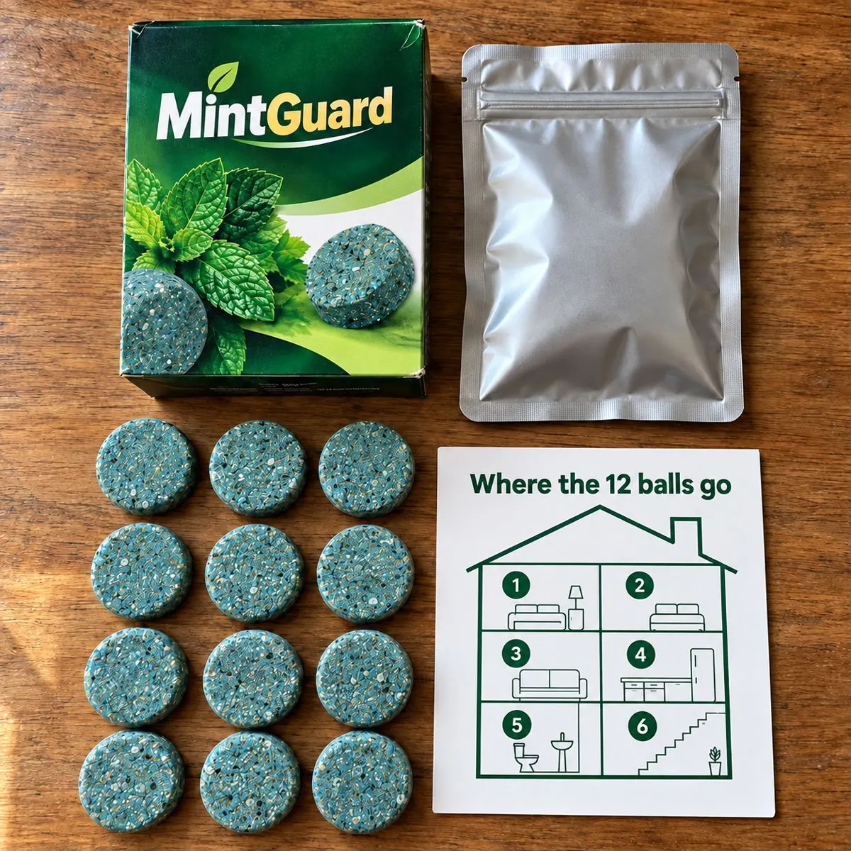 MintGuard pack contents: 12 peppermint balls, pouch and placement guide